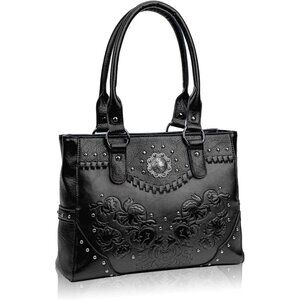 Women's Black Pu Leather Large Western Top Handle Vintage Embossed Shoulder Bag
